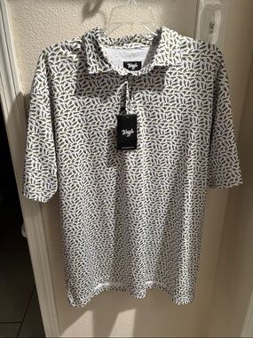 Waggle White Polo with Fishing Tackle Print XL NWT